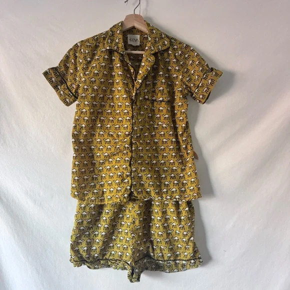 Keva Camel Print Pajama Set Women’s M Mustard Yellow Button Up Shorts - Picture 2 of 14
